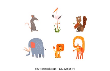 Collection of funny forest and African animals, mouse, heron, beaver, elephant, lion, giraffe vector Illustration on a white background