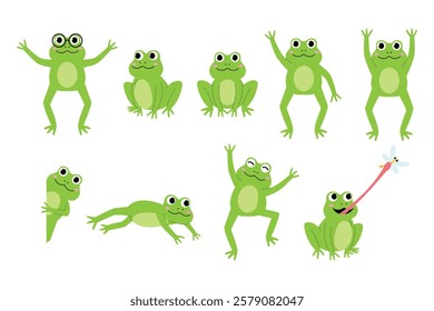 collection of funny frog with a smile, adorable toad cartoon, wearing eyeglasses, standing, staring, sitting, raising hand, jumping, peeking, dancing, catching dragonfly for food illustration