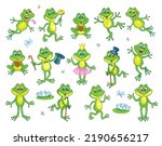 Collection of funny frogs in various poses and situations. In cartoon style. Isolated on white background. Vector illustration