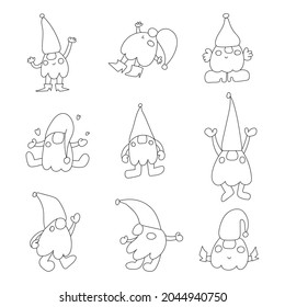 Collection of  funny gnomes. Outline icons. Hand drawn vector illustrations on white background. 