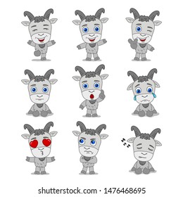 Collection of funny goat in cartoon style in different poses and emotions isolated on white background