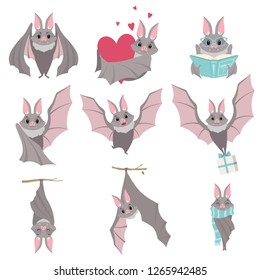 Collection of funny gray bats, cute creature cartoon characters in different situations vector Illustration on a white background