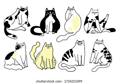 Collection of funny grumpy cats siting in different positions. Bundle of various cartoon cats isolated on white background. Hand drawn vector illustration