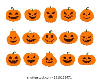 Coleção de um divertida Halloween laranja abóboras - Jack o'lanternas. Ilustração vetorial isolada em um fundo branco