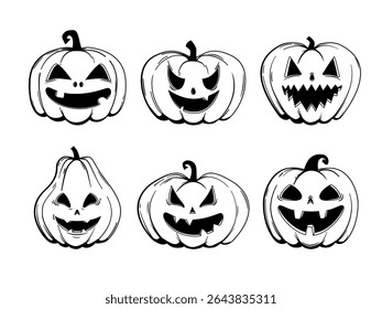 Collection of funny Halloween pumpkins - Jack o'lanterns, sketch style. Vector illustration isolated on a white background