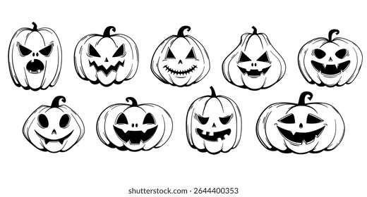 Collection of funny Halloween pumpkins - Jack o'lanterns, sketch style. Vector illustration isolated on a white background