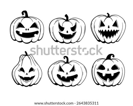 Collection of funny Halloween pumpkins - Jack o'lanterns, sketch style. Vector illustration isolated on a white background