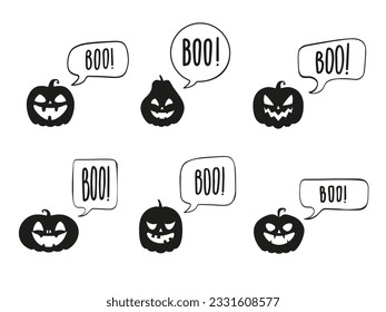 Collection of funny Halloween pumpkins silhouettes with a speech bubbles with a text Boo! Vector illustration isolated on a white background