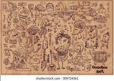Colección de garabatos dibujados a mano divertidos con dragón, pirata, barco, cerradura, escalera, ventana, cohete, princesa, cola, relámpago, insectos, silla y gorra
