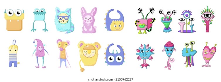 A collection of funny hand-drawn cute toy monsters for kids. Colorful large vector set. Vector isolated monster characters for kids.