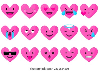 Collection of funny heart emoticons isolated on white background. Cartoon style. EPS 10  hearts set. Flat style vector illustration.