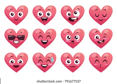 Collection of funny heart emoticons isolated on white background. Cartoon style. EPS 10 Vector illustration. Set 1 of 2.