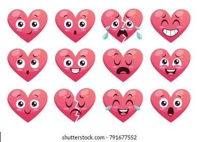 Collection of funny heart emoticons isolated on white background. Cartoon style. EPS 10 Vector illustration. Set 2 of 2.