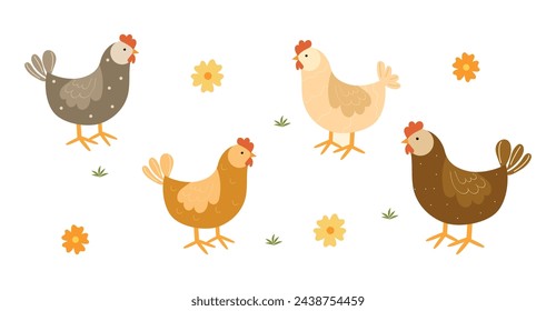 Collection of funny hen, chicken isolated on white background. Cute various domestic birds. Childish flat vector illustration, farm and poultry concept.