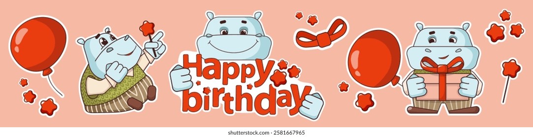 Collection of funny hippos for birthday, balloons, hippos, stars, gift, bows. Red and blue color. Vector illustration for greeting card, invitation, event, poster, sticker, birthday prints.