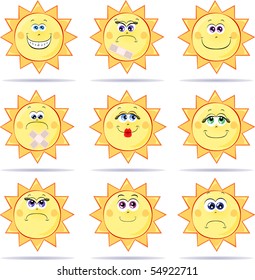 Collection of funny icons with the sun, vector