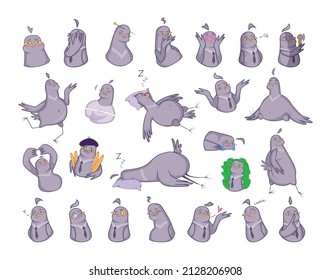 Collection of funny illustrations with a pigeon character. Stickers for messenger.