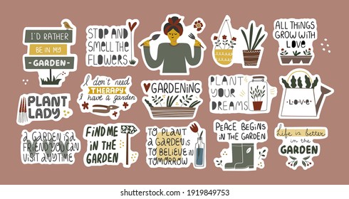 Collection of funny inspirational quotes in stickers. Gardening concept. Bundle of decoration for daily planner, journal, scrapbook isolated. Vector hand drawn illustration.