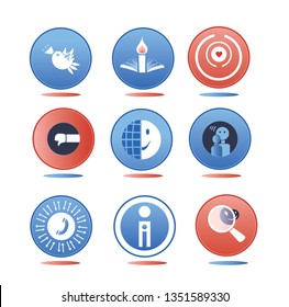 Collection of funny internet icons in red and blue circles