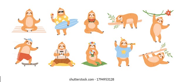 Collection of funny lazy playing sloth with coffee and in clothes. Animal character sleeping, napping or hanging in jungle. Summer relaxing flat vector cartoon illustration isolated on white