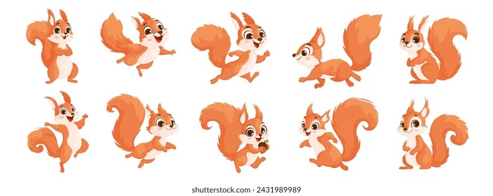 Collection of funny little brown squirrels. Animal emotion. Set of cute cartoon squirrels. Animal cartoon character design.