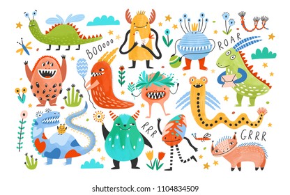 Collection of funny monsters or aliens. Bundle of cute fantastic or fairytale creatures. Cartoon characters isolated on white background. Bright colored childish vector illustration in flat style