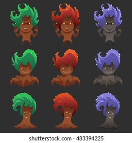 Collection of funny monsters for Halloween. Set of spooky trees isolated on dark background. Vector illustration.