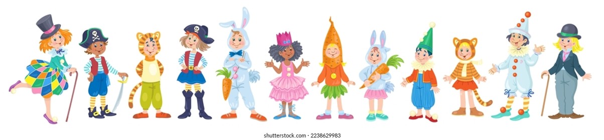 Collection of funny multicultural children in carnival costumes. Suits for a school party. Banner in cartoon style. Isolated on white background. Vector flat illustration.