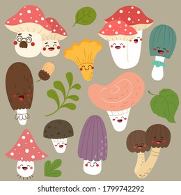 Collection of funny mushrooms. Vector isolates in flat cartoon style.