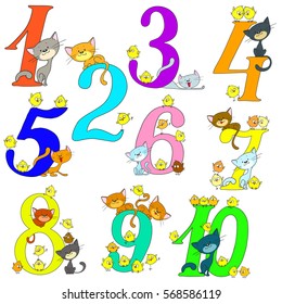 Collection of funny numbers. Cats and chickens. Cheerful greetings. Anniversary. Cartoon cute characters. Vector isolated.