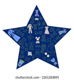 collection of funny pajamas and nightgowns, pillows and fireboxes arranged in a star composition. Vector illustration of hand-drawn elements in a linear doodle style