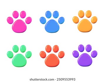 Colección de divertidos estampados de patas en diferentes colores. Símbolos brillantes para identificar diferentes mascotas