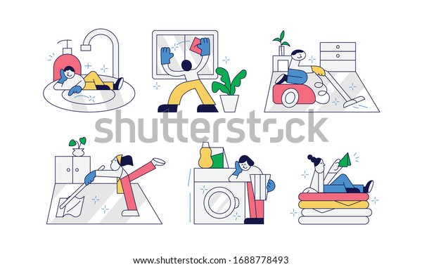 家事をする面白い人々のコレクション 皿洗い 窓掃除 掃除 折り畳み 床のモップ 洗濯など 男性と女性のセット 平らなカートーンのベクターイラスト のベクター画像素材 ロイヤリティフリー