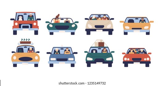 Collection of funny people driving cars isolated on white background. Bundle of cute men, women, children and pets in automobile. Front view. Colorful vector illustration in flat cartoon style.