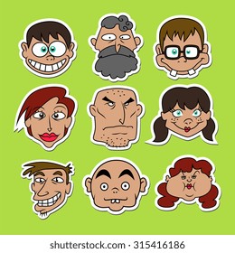 Collection of funny people faces on the green background.