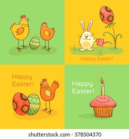 
A collection of funny pictures holiday Easter theme . Four greeting cards with the Easter bunny, eggs and chicken