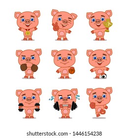 Collection of funny piggy in cartoon style in different sports and with prizes isolated on white background