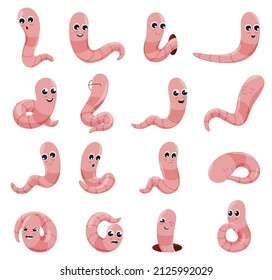 Collection funny pink worms with different poses and emotions vector flat illustration. Set happy, amazement, sleeping, angry, pensive, flirting, hiding, upset applegrubs cartoon characters