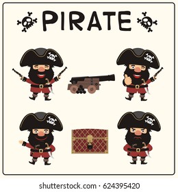 Collection funny pirate in different poses with pistols, sword, gun and chest.