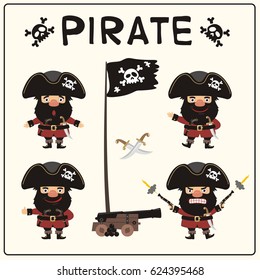 Collection funny pirate in different poses with pistols, sword, ship gun and flag.