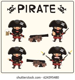 Collection funny pirate in different poses with pistols, sword, beer mug and two guns.