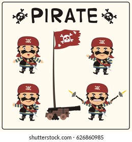 Collection funny pirate in different poses with pistols, sword, ship gun and flag Jolly Roger.