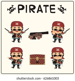 Collection funny pirate in different poses with pistols, sword, gun and chest.