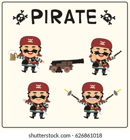 Collection funny pirate in different poses with pistols, sword, beer mug and ship gun.