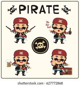 Collection funny pirate in different poses with pistols, sword, beer mug, rum, and chest with treasures.