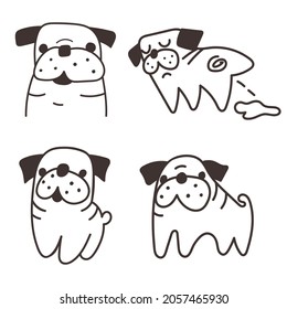 Collection of funny Pugs. Vector outline icon illustration on white background.
