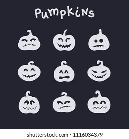 Collection of funny pumpkins with different emotions for Halloween. Great for printing products, textiles, interior. Monochrome performance.