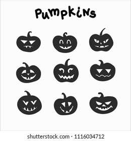 Collection of funny pumpkins with different emotions for Halloween. Great for printing products, textiles, interior. Monochrome performance.