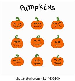 Collection of funny pumpkins with different emotions for Halloween. Suitable for invitations, postcards, textiles, stationery and other attributes of the holiday.