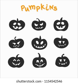 Collection of funny pumpkins with different emotions for Halloween. Great for printing products, textiles, interior. Monochrome performance.